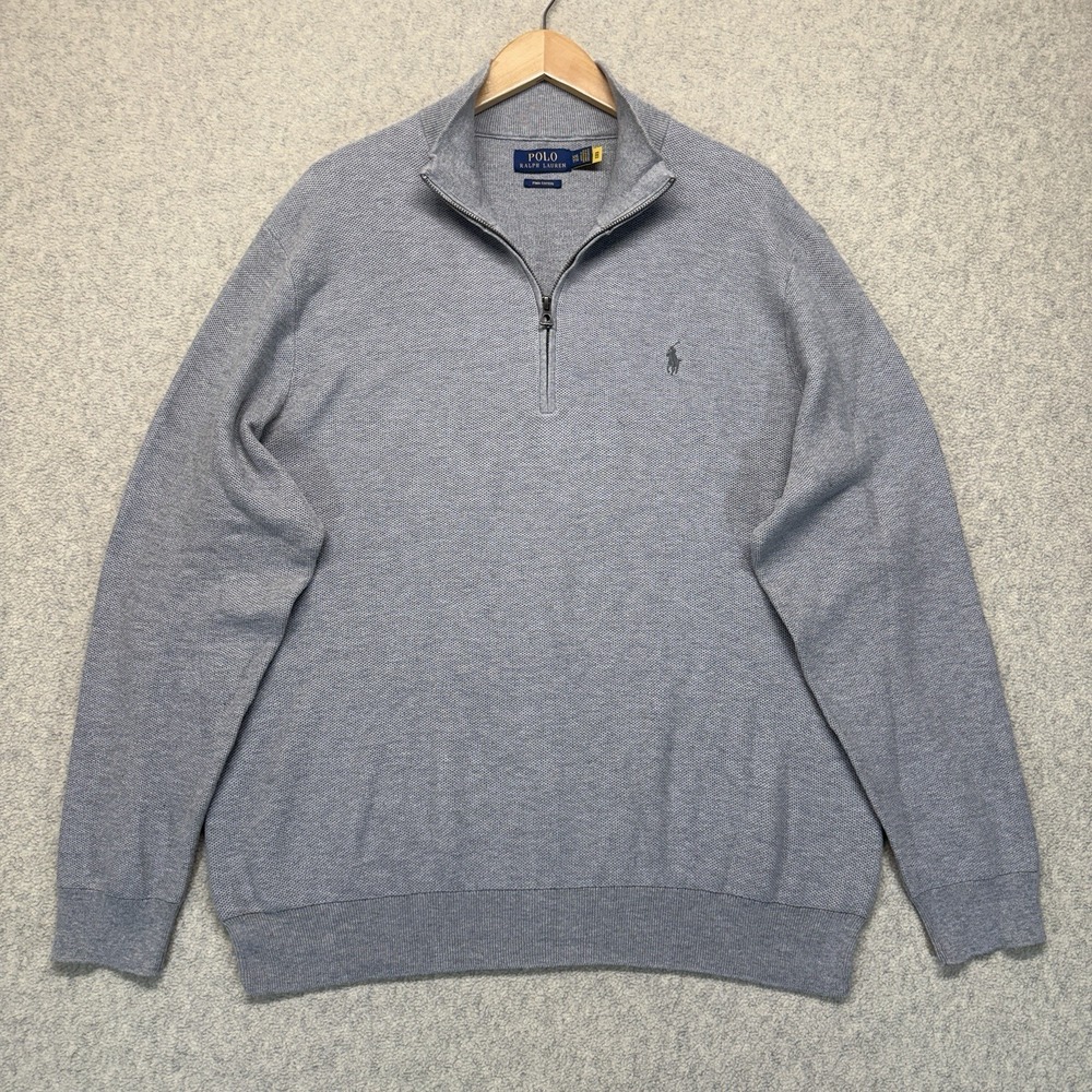 Polo Ralph Lauren Mens XXL Gray Pima Cotton Quarter Zip Sweater Pullover Logo